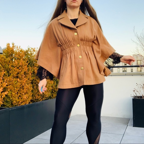 Aqua Camel Wool Bat Wing Ruffled Pea Coat Poncho - Picture 7 of 16